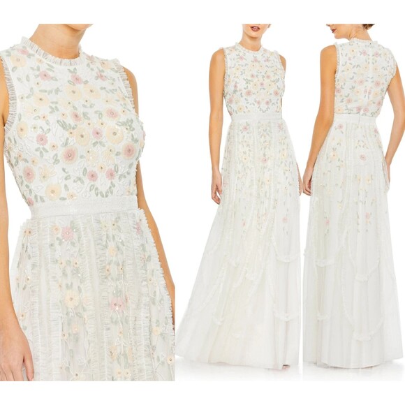 Mac Duggal 9137 Embroidered‎ High Neck Sleeveless Floral Ruffled Gown NWT - Picture 2 of 8